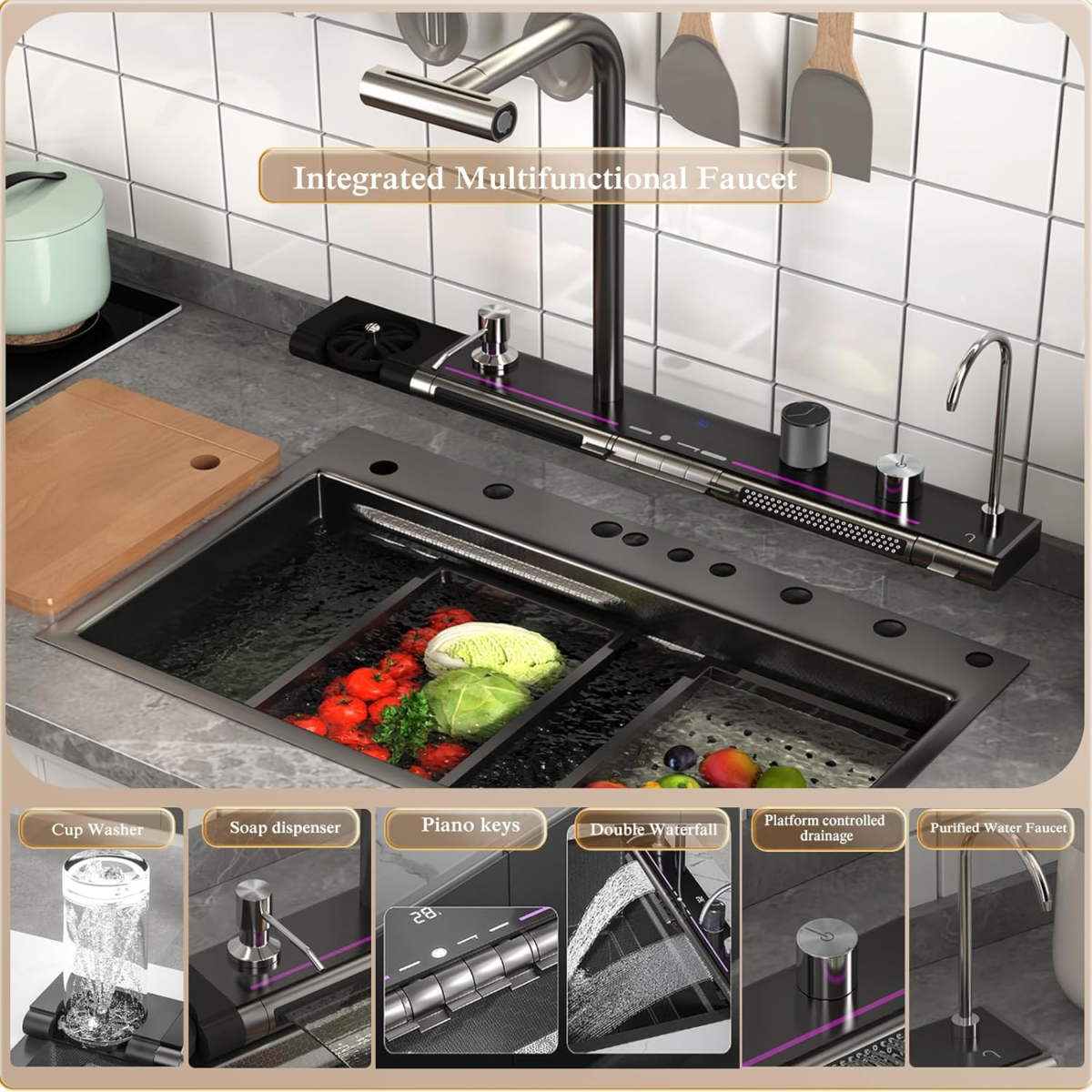 Dual Smart Waterfall Kitchen Sink Modern Kitchen Sink Single Bowl Digital Sink with Soap Dispenser Stainless Steel Sink with Pull-Out Faucet Workstation Sink with Honeycomb(29.5X18.1In) - Image 4