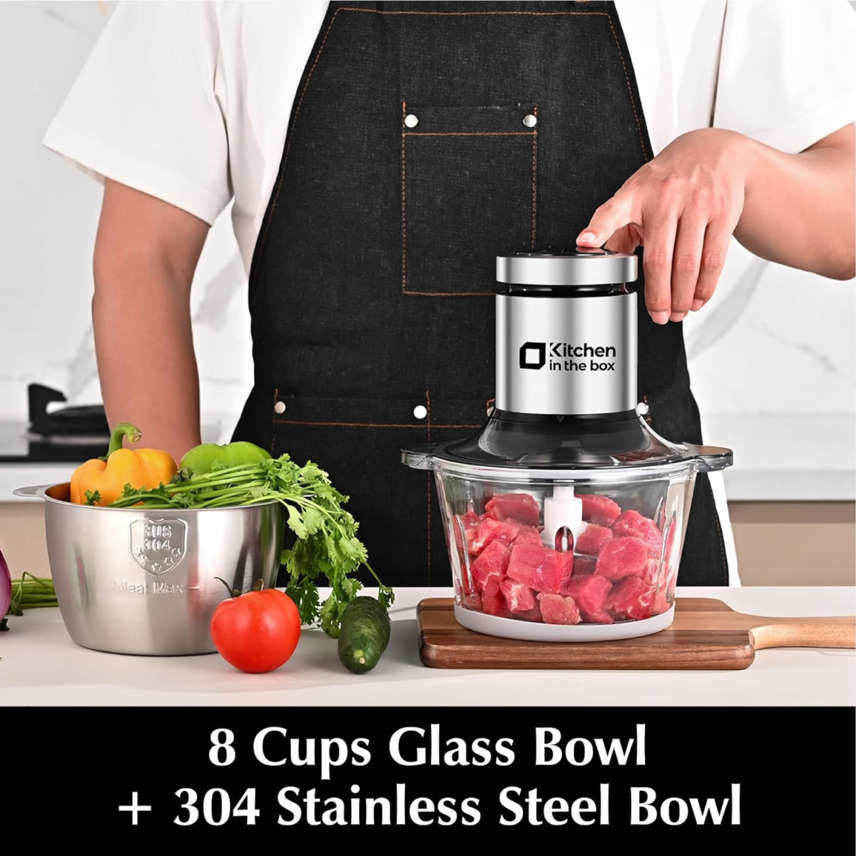 Food Processors,Small Meat Grinder & Food Chopper Electric Vegetable Chopper with 2 Bowls (8 Cup+8 Cup)& 2 Bi-Level Blades for Meat/Fish/Vegetable/Baby Food (Black, 8Cups+8Cups) - Image 3