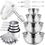 Hand Mixer Electric Mixing Bowls Set, 5 Speeds Handheld Mixer with 4 Nesting Stainless Steel Mixing Bowl, Measuring Cups Spoons 200W Kitchen Blender Whisk Beater Baking Supplies for Beginner